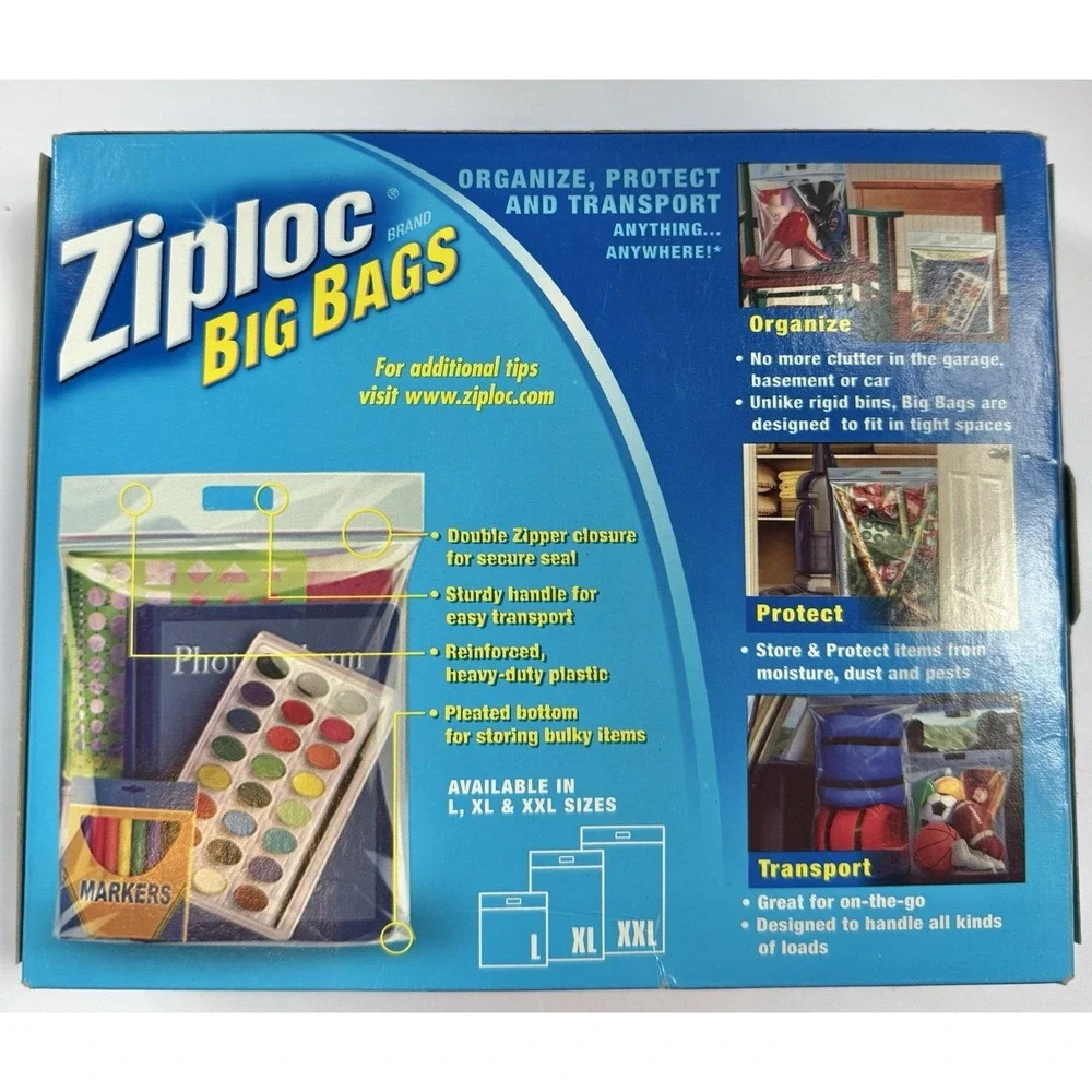 Ziploc Big Bags 5 Count Large 3 Gallon 15x15 Storage Bags Double Zipper 71592